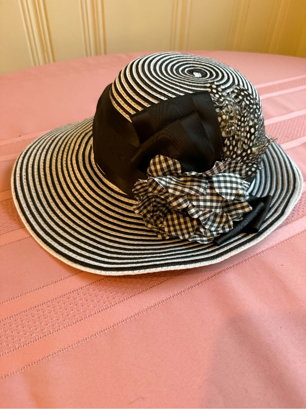 Black & White Striped Women's Derby / Sun / Hat with Gingham Flower Accent NWT
